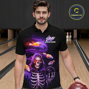 Custom Purple Flame Skeleton Grim Reaper Bowling Men Polo Shirt, Halloween Bowling Jersey IPHW9894