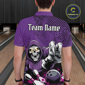Custom Purple Splatter Skeleton Grim Reaper Bowling Men Polo Shirts, Halloween Outfits IPHW9896