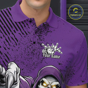 Custom Purple Splatter Skeleton Grim Reaper Bowling Men Polo Shirts, Halloween Outfits IPHW9896