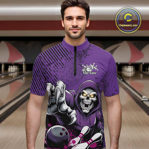 Custom Purple Splatter Skeleton Grim Reaper Bowling Men Quarter-Zip Shirts, Halloween Outfits IPHW9896