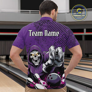 Custom Purple Splatter Skeleton Grim Reaper Bowling Men Quarter-Zip Shirts, Halloween Outfits IPHW9896