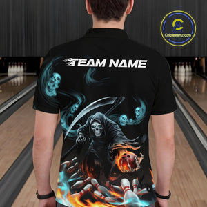 Custom Blue Skull Smoke Grim Reaper Bowling Men Polo Shirt, Halloween Bowling Jerseys IPHW9900