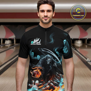 Custom Blue Skull Smoke Grim Reaper Bowling Men Quarter-Zip Shirt, Halloween Bowling Jerseys IPHW9900