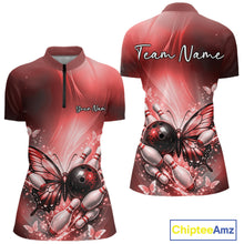 Load image into Gallery viewer, Custom Red Butterfly Bowling Team Women Quarter-Zip Shirt, Bowling League Shirt IPHW11036