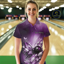 Load image into Gallery viewer, Custom Purple Butterfly Bowling Team Women Polo Shirt, Bowling League Shirt IPHW11037