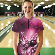 Load image into Gallery viewer, Custom Pink Butterfly Bowling Team Women Quarter-Zip Shirt, Bowling League Shirt IPHW11038