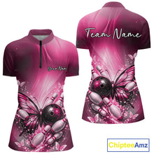 Load image into Gallery viewer, Custom Pink Butterfly Bowling Team Women Quarter-Zip Shirt, Bowling League Shirt IPHW11038