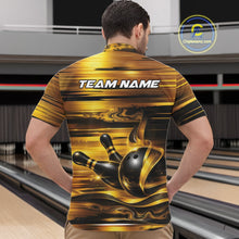 Load image into Gallery viewer, Male model at the bowling lane wearing a bowling quarter-zip shirt, front view, featuring glossy gold and black bowling ball and pins artwork.