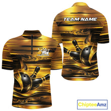 Load image into Gallery viewer, Front and back views of a men's bowling quarter-zip shirt mockup featuring glossy gold and black bowling ball and pins graphics.