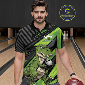 Custom Funny Green Bowling Dinosaur Bowling Men Polo Shirt, Bowling Team Shirt IPHW9927