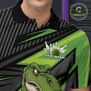 Custom Funny Green Bowling Dinosaur Bowling Men Polo Shirt, Bowling Team Shirt IPHW9927