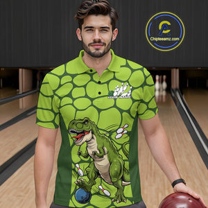 Custom Funny Green Dinosaur Bowling Team Men Polo Shirt, Bowling Tournament Team Shirt IPHW9931
