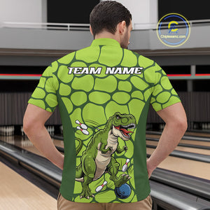 Custom Funny Green Dinosaur Bowling Team Men Quarter-Zip Shirt, Bowling Tournament Team Shirt IPHW9931