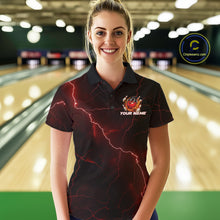 Load image into Gallery viewer, Custom Black And Red Lightning Montrous Flame Bowling Tournament Women Polo Team Shirt IPHW11071