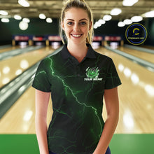 Load image into Gallery viewer, Custom Black And Green Lightning Montrous Flame Bowling Tournament Women Polo Team Shirt IPHW11074