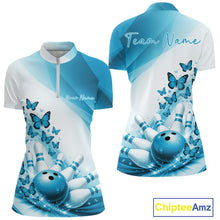 Load image into Gallery viewer, Custom Blue Butterfly Bowling Quarter-Zip Shirts For Women, Ladies Bowling Team Jerseys IPHW11347