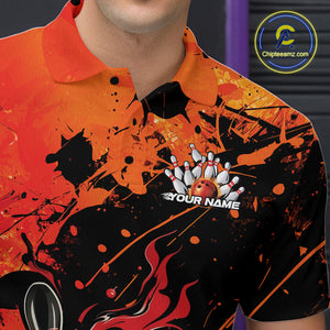 Custom Red Orange Flame Bowling Men Polo Shirts, Splatter Bowling Team Tournament Shirt IPHW9932