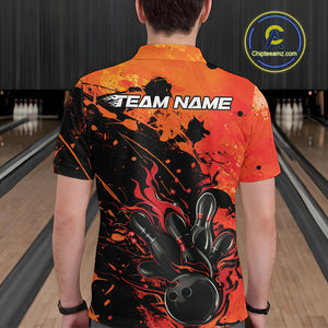 Custom Red Orange Flame Bowling Men Polo Shirts, Splatter Bowling Team Tournament Shirt IPHW9932