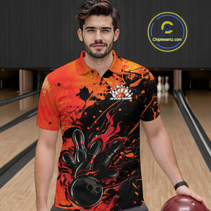 Custom Red Orange Flame Bowling Men Polo Shirts, Splatter Bowling Team Tournament Shirt IPHW9932