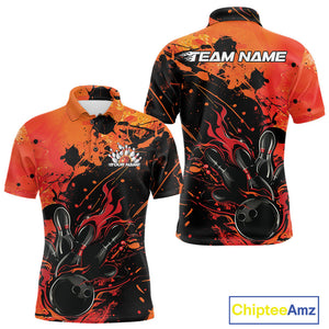 Custom Red Orange Flame Bowling Men Polo Shirts, Splatter Bowling Team Tournament Shirt IPHW9932