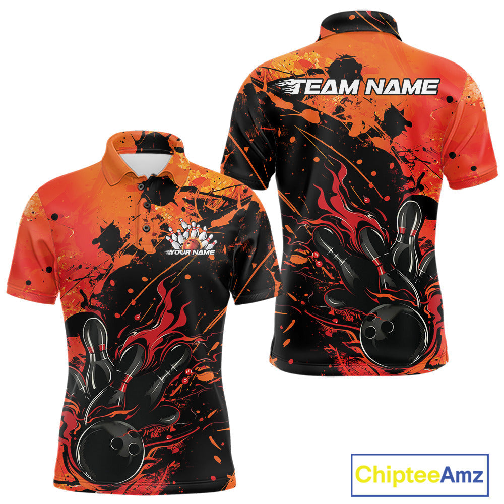 Custom Red Orange Flame Bowling Men Polo Shirts, Splatter Bowling Team Tournament Shirt IPHW9932