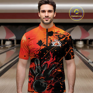 Custom Red Orange Flame Bowling Men Quarter-Zip Shirts, Splatter Bowling Team Tournament Shirt IPHW9932