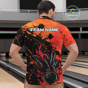 Custom Red Orange Flame Bowling Men Quarter-Zip Shirts, Splatter Bowling Team Tournament Shirt IPHW9932