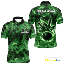 Load image into Gallery viewer, Custom Green Flame Bowling Men Polo Team Shirt, Bowling Tournament Shirt IPHW11082