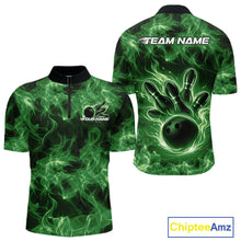 Load image into Gallery viewer, Custom Green Flame Bowling Men Quarter-Zip Team Shirt, Bowling Tournament Shirt IPHW11082