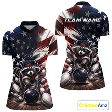 Load image into Gallery viewer, Front and back views of a women's bowling quarter-zip shirt mockup featuring a raccoon in patriotic sunglasses rolling a bowling ball through scattered pins against a distressed American flag backdrop.