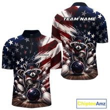 Load image into Gallery viewer, Front and back views of a men's bowling quarter-zip shirt mockup featuring a raccoon in patriotic sunglasses rolling a bowling ball through scattered pins against a distressed American flag backdrop.
