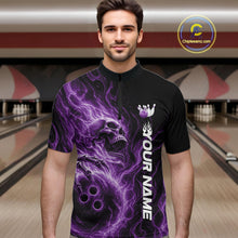 Load image into Gallery viewer, Custom Purple Flame Skull Bowling Men Quarter-Zip Shirts, Gothic Halloween Team Bowling Outfit IPHW11390