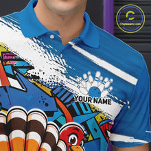Load image into Gallery viewer, Close up front view of the left chest area on a blue custom bowling polo shirt, featuring a graffiti inspired urban street style design with paint splatter accents and a personalized name.