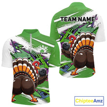 Load image into Gallery viewer, Front and back views of a green custom quarter zip bowling shirt featuring a funny graffiti turkey holding a bowling ball, paint splatter accents, and a personalized name.