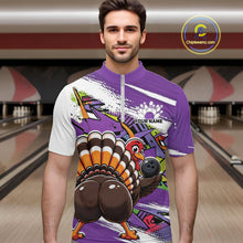 Load image into Gallery viewer, Front view of a male model wearing a purple custom quarter zip bowling shirt with a funny graffiti turkey holding a bowling ball, paint splatter accents in a bowling alley.