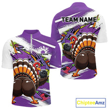 Load image into Gallery viewer, Front and back views of a purple custom quarter zip bowling shirt featuring a funny graffiti turkey holding a bowling ball, paint splatter accents, and a personalized name.