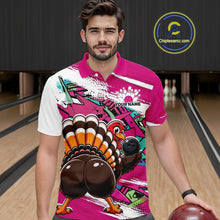 Load image into Gallery viewer, Front view of a male model wearing a pink custom bowling polo shirt featuring a funny graffiti style turkey holding a bowling ball, paint splatter details, and a custom name in a bowling alley.