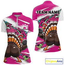 Load image into Gallery viewer, Front and back views of a pink custom women's quarter zip bowling shirt featuring a funny graffiti turkey holding a bowling ball, paint splatter accents, and a personalized name.