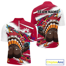 Load image into Gallery viewer, Front and back views of a red custom quarter zip bowling shirt featuring a funny graffiti turkey holding a bowling ball, paint splatter accents.
