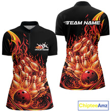 Load image into Gallery viewer, Custom Red Fire Flame Bowling Women Quarter-Zip Shirts, Bowling Team League Shirt IPHW11137