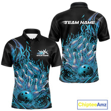 Load image into Gallery viewer, Custom Blue Fire Flame Bowling Men Polo Shirts, Bowling Team League Shirt IPHW11138