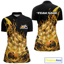 Load image into Gallery viewer, Custom Yellow Fire Flame Bowling Women Quarter-Zip Shirts, Bowling Team League Shirt IPHW11139