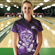 Load image into Gallery viewer, Person wearing a purple bowling shirt with a skull and bowling ball design in a bowling alley.