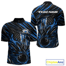 Load image into Gallery viewer, Custom Blue American Flag Flame Men Bowling Quarter-Zip Shirt, Patriotic Bowling Jersey IPHW11176