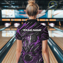 Load image into Gallery viewer, Custom Purple American Flag Flame Women Bowling Shirt, Patriotic Bowling Jersey IPHW11177