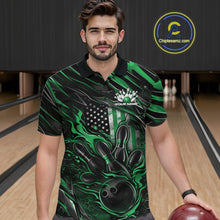 Load image into Gallery viewer, Custom Green American Flag Flame Men Bowling Polo Shirt, Patriotic Bowling Jersey IPHW11179