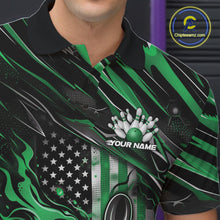 Load image into Gallery viewer, Custom Green American Flag Flame Men Bowling Polo Shirt, Patriotic Bowling Jersey IPHW11179
