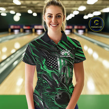 Load image into Gallery viewer, Custom Green American Flag Flame Women Bowling Polo Shirt, Patriotic Bowling Jersey IPHW11179