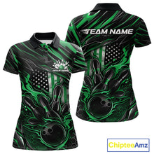 Load image into Gallery viewer, Custom Green American Flag Flame Women Bowling Polo Shirt, Patriotic Bowling Jersey IPHW11179
