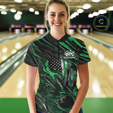 Load image into Gallery viewer, Custom Green American Flag Flame Women Bowling Shirt, Patriotic Bowling Jersey IPHW11179